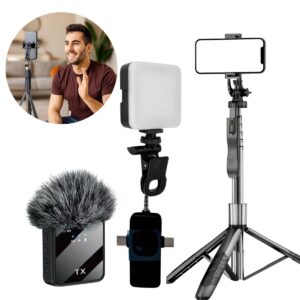 Kit Completo Para Grabar Contenido Con Microfono Inalambrico De Solapa Y Tripode Flexible Para Celular Y Panel De Luz Portatil Para Videos Y Fotos