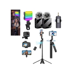 Kit para Crear Contenido con Tripode Inteligente y Seguimiento 360°+ 2 Microfonos Inalambricos y Luz Led RGB