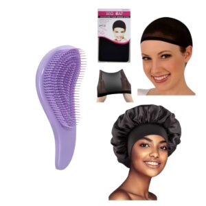 Kit Cuidado Capilar Gorro De Satin Para Dormir Malla Ajustable Y Cepillo Desenredante