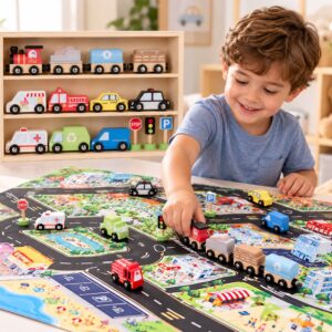 Pista De Autos Infantil Con Alfombra Y 12 Autos De Madera